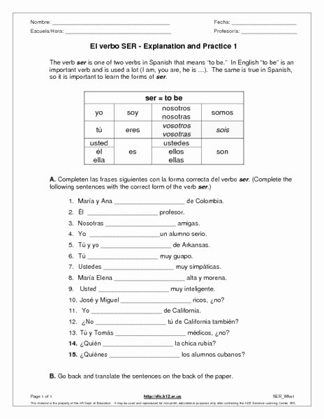 El Verbo Ser Worksheet Answers Awesome El Verbo Ser Explanation and Practice 1 Worksheet for 6th