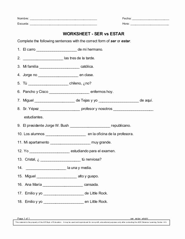El Verbo Ser Worksheet Answers Lovely Ser and Estar Worksheet
