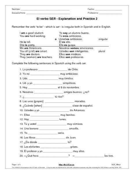 El Verbo Ser Worksheet Answers New El Verbo Ser Explanation and Practice 2 Worksheet for 6th