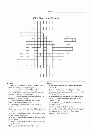 Electrical Power Worksheet Answers Awesome Ks3 Electrical Circuits Worksheets Crossword Homework