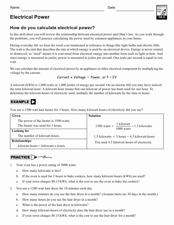 Electrical Power Worksheet Answers Best Of Electric Power and Energy