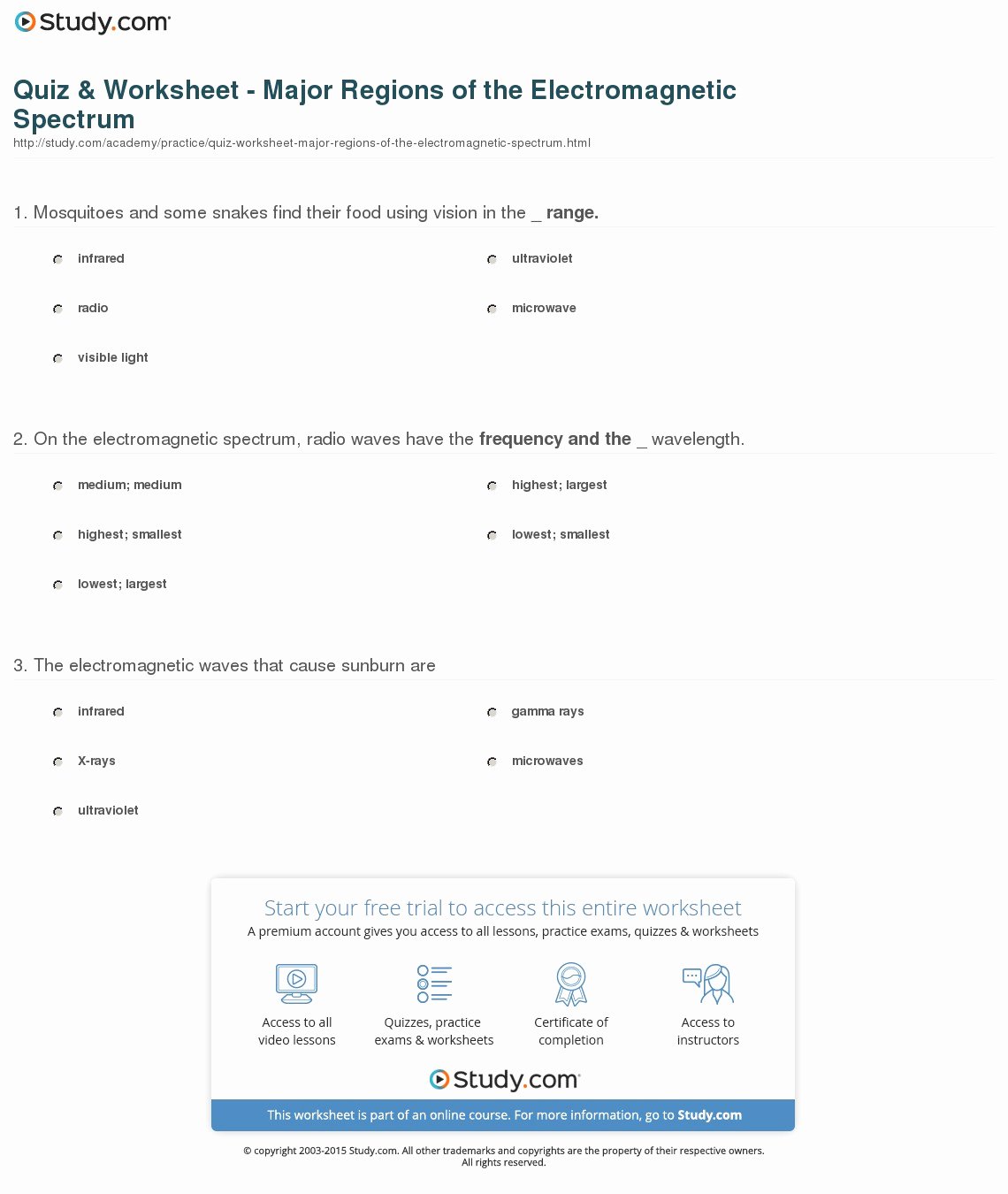 Electromagnetic Spectrum Worksheet Answers Awesome Quiz &amp; Worksheet Major Regions Of the Electromagnetic