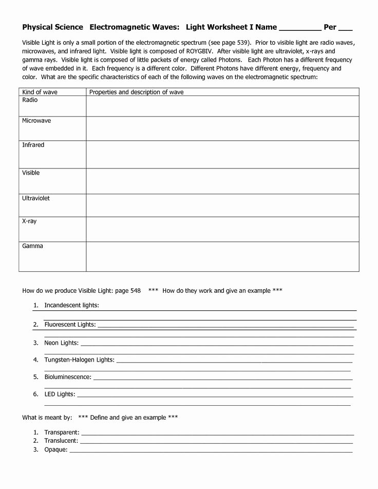 Electromagnetic Spectrum Worksheet Answers Beautiful 13 Best Of Light Worksheets for Middle School