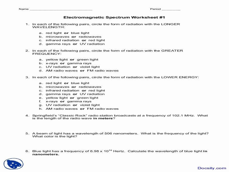 Electromagnetic Spectrum Worksheet High School