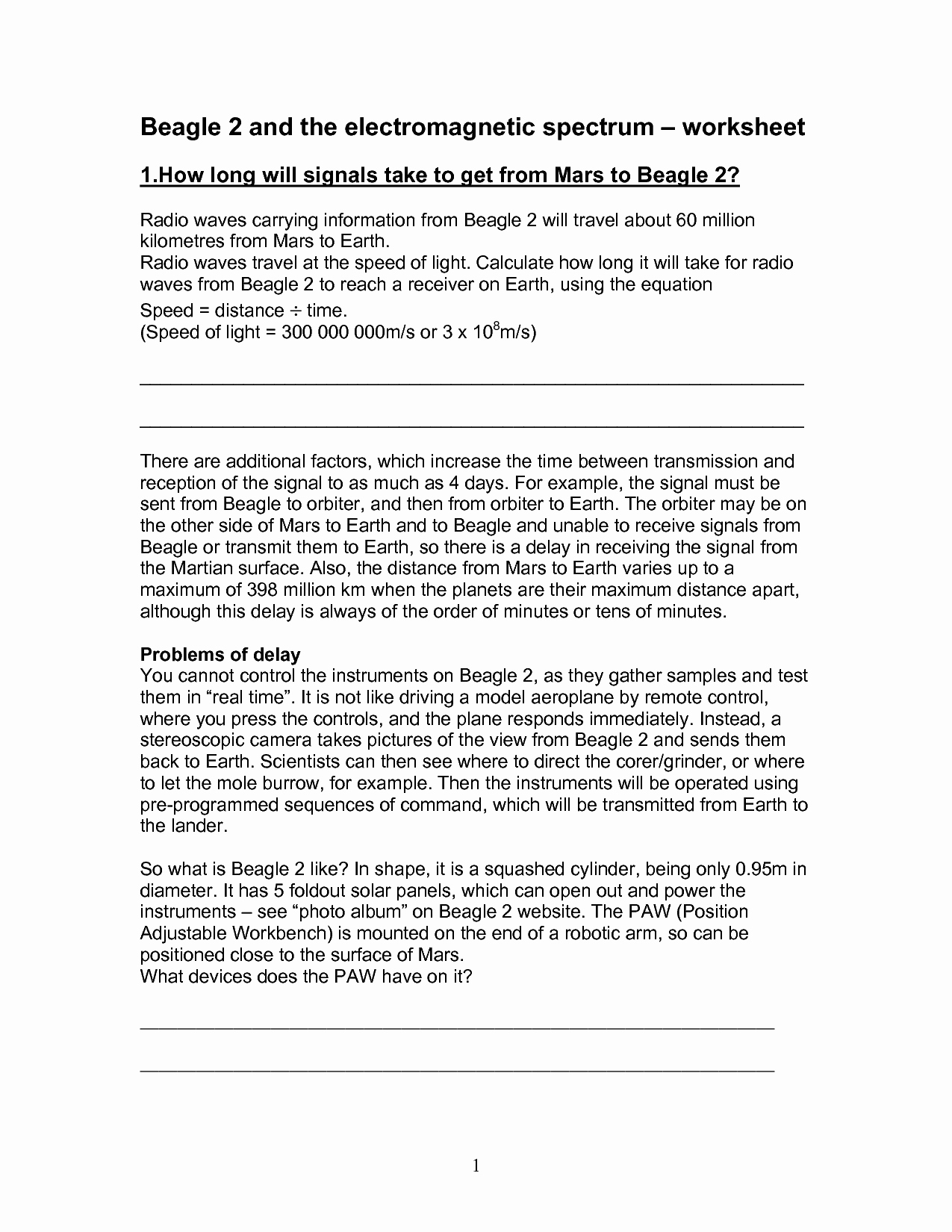 post light worksheets for middle school