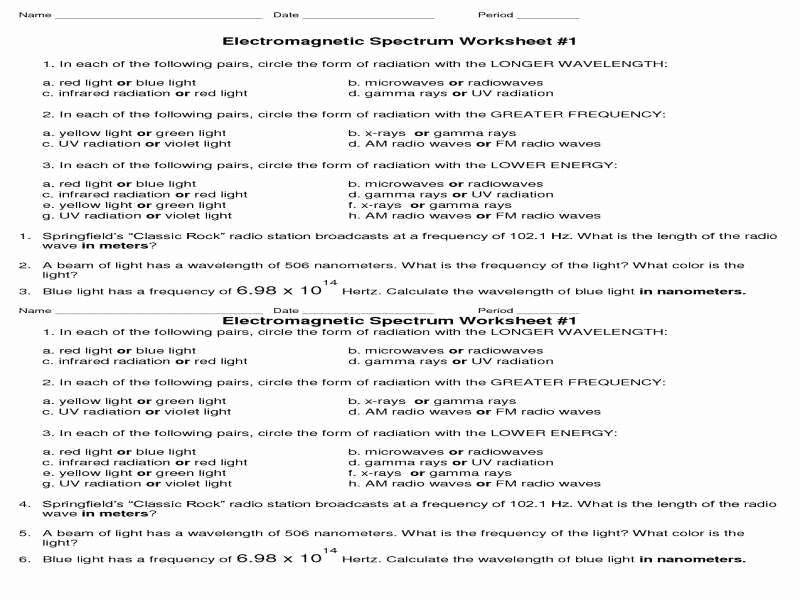 Electromagnetic Waves Worksheet Answers Unique Waves and Electromagnetic Spectrum Worksheet Answers