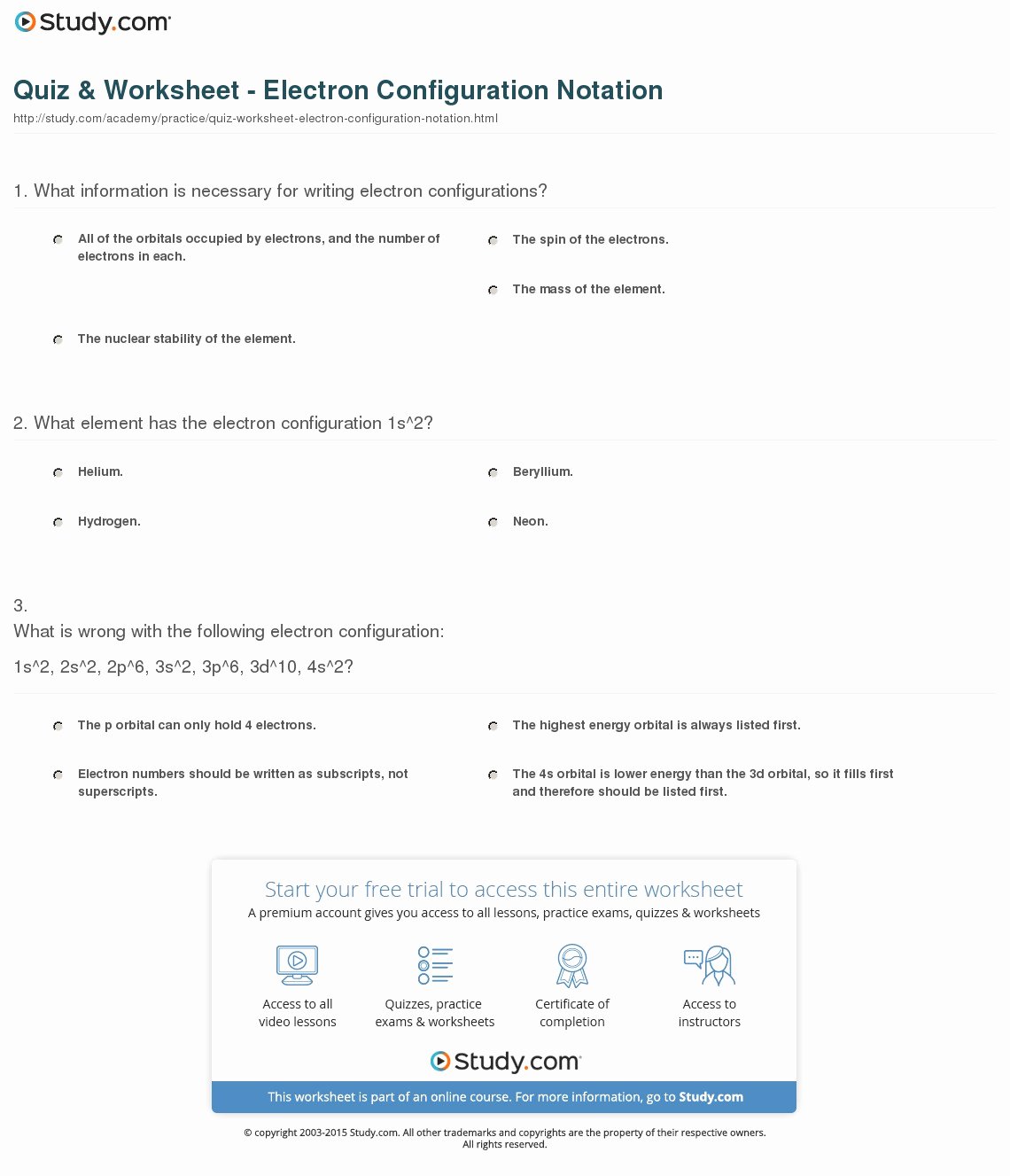 Electron Configuration Practice Worksheet Answers Inspirational Quiz &amp; Worksheet Electron Configuration Notation