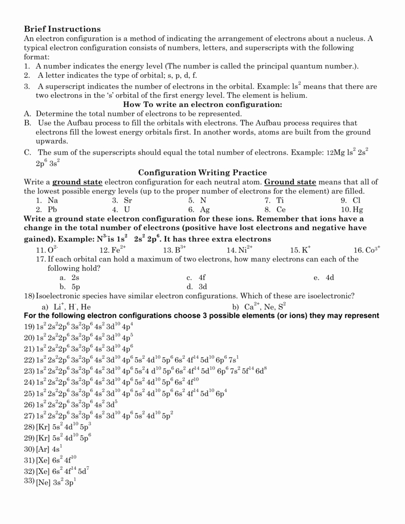 Electron Configuration Worksheet Answers Best Of Electron Configuration Practice Worksheet