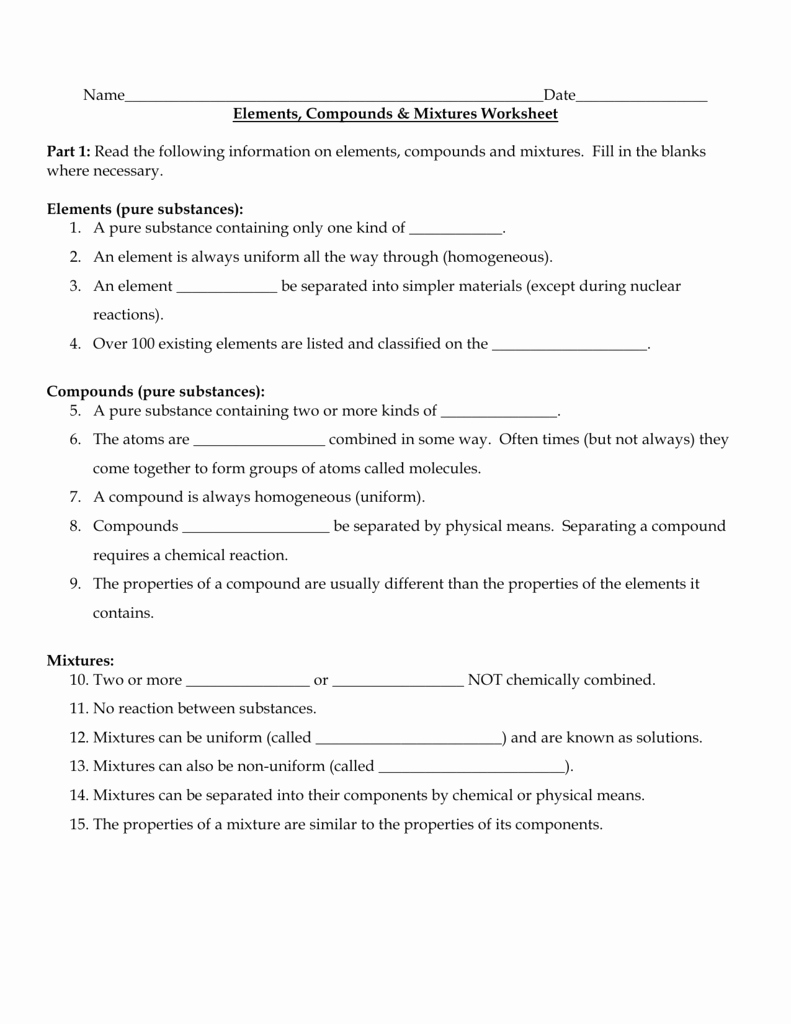 Elements and Compounds Worksheet Awesome Elements Pounds &amp; Mixtures Worksheet