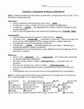 Elements and Compounds Worksheet Beautiful Elements Pounds Mixtures Worksheet with Answer Key