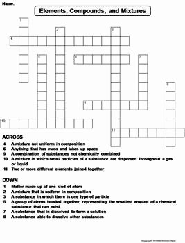 Elements and Compounds Worksheet Best Of Elements Pounds and Mixtures Worksheet Crossword