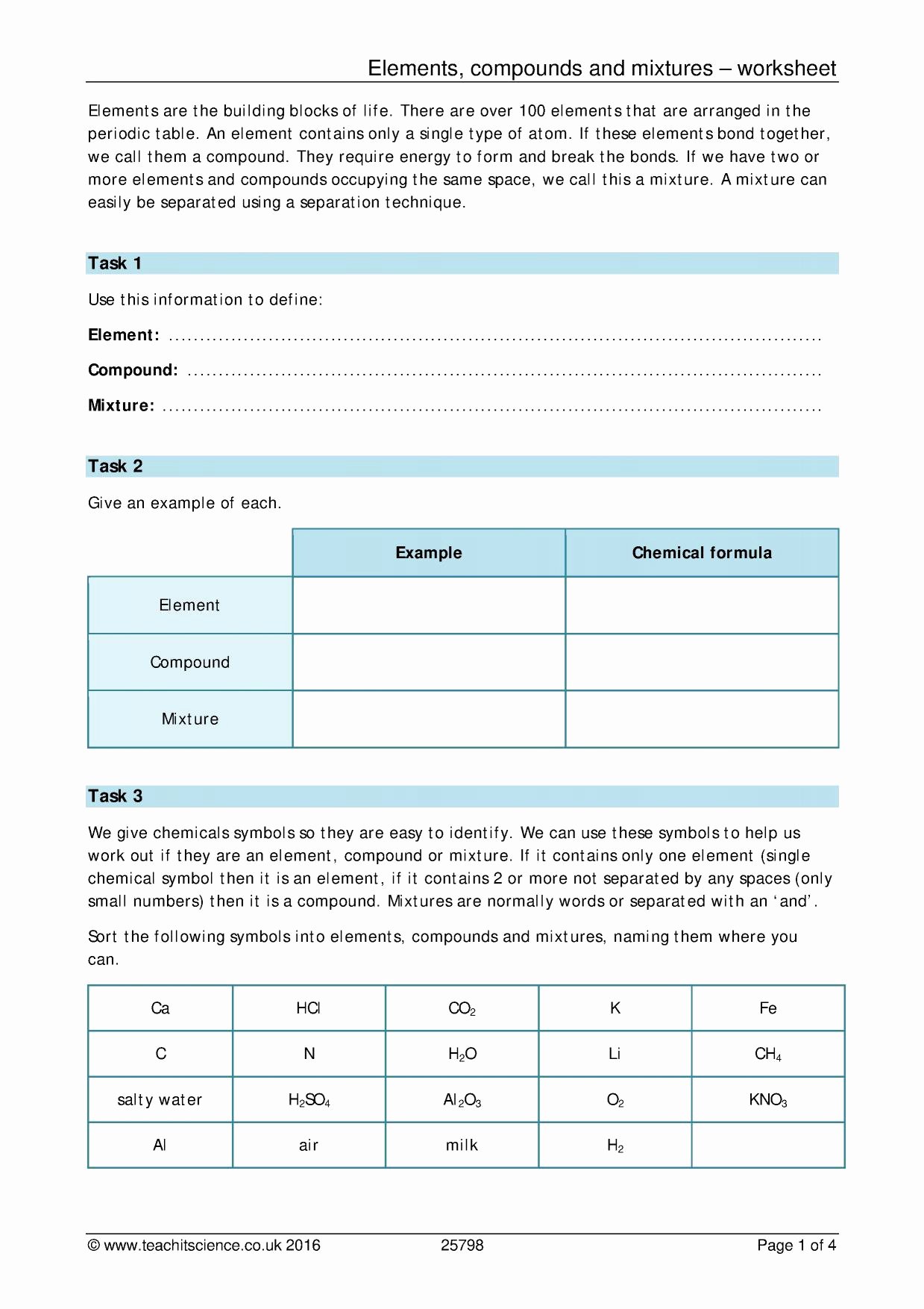 Elements and Compounds Worksheet Inspirational Printables Of Elements Pounds and Mixtures Picture