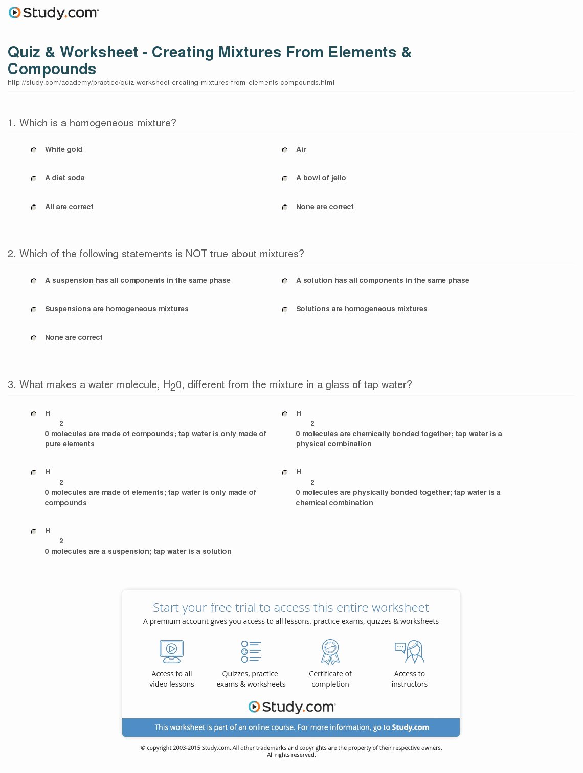 Elements and Compounds Worksheet Lovely Quiz &amp; Worksheet Creating Mixtures From Elements