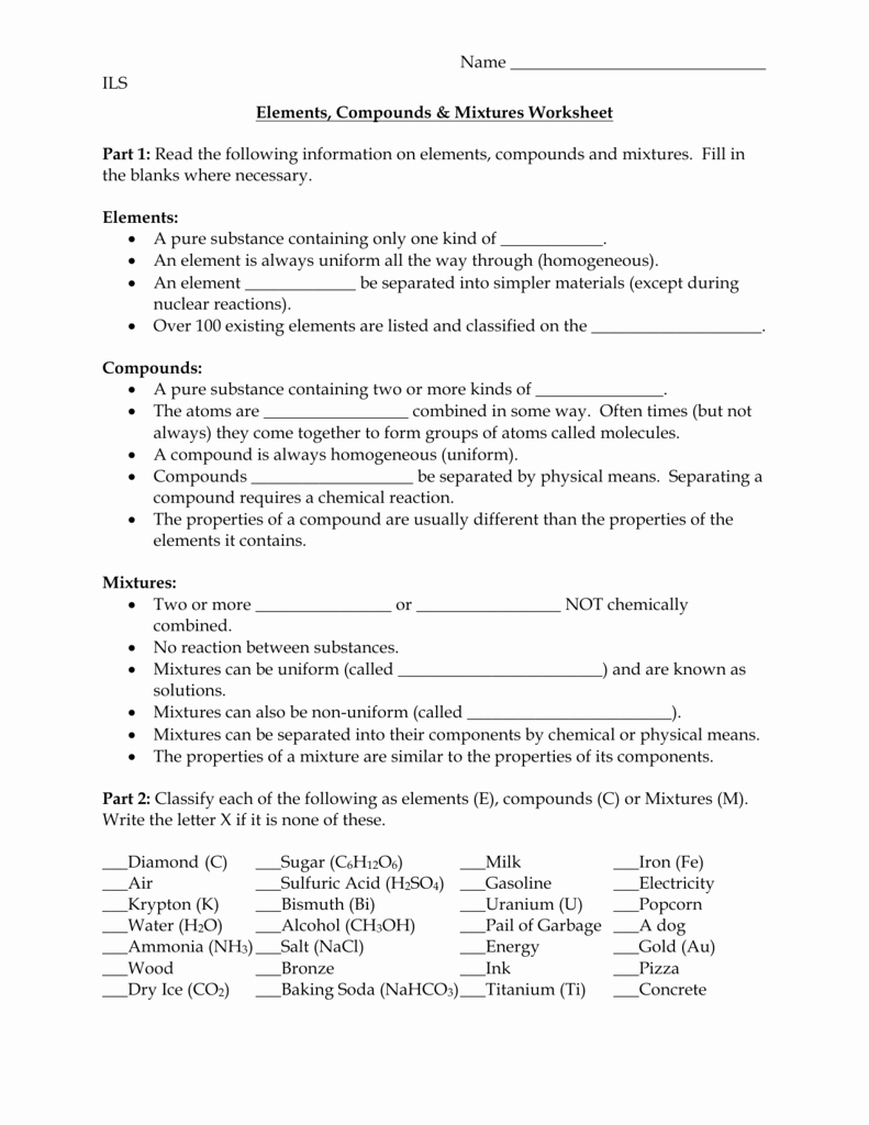 Elements and Compounds Worksheet New Elements Pounds &amp; Mixtures Worksheet