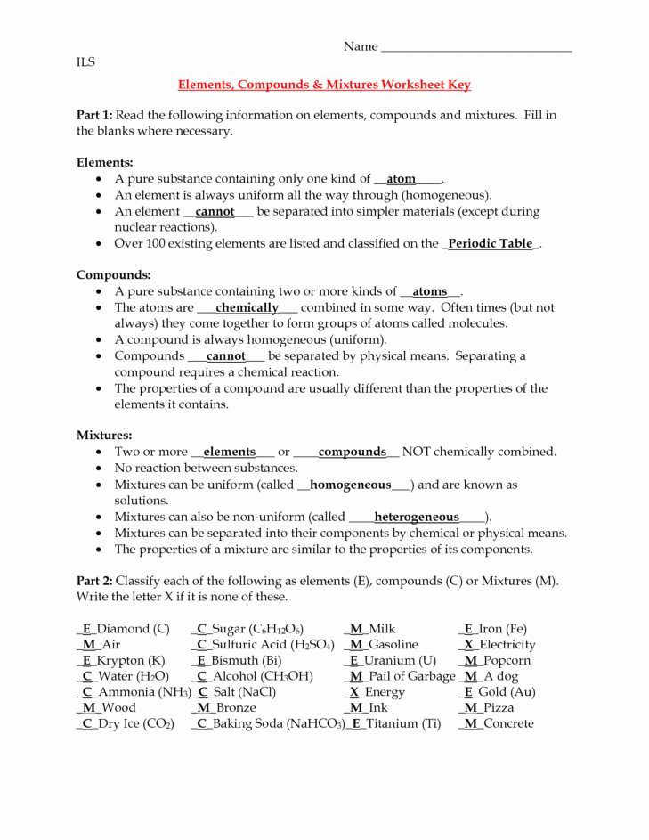 Elements Compounds &amp;amp; Mixtures Worksheet Unique atomic theory Worksheet
