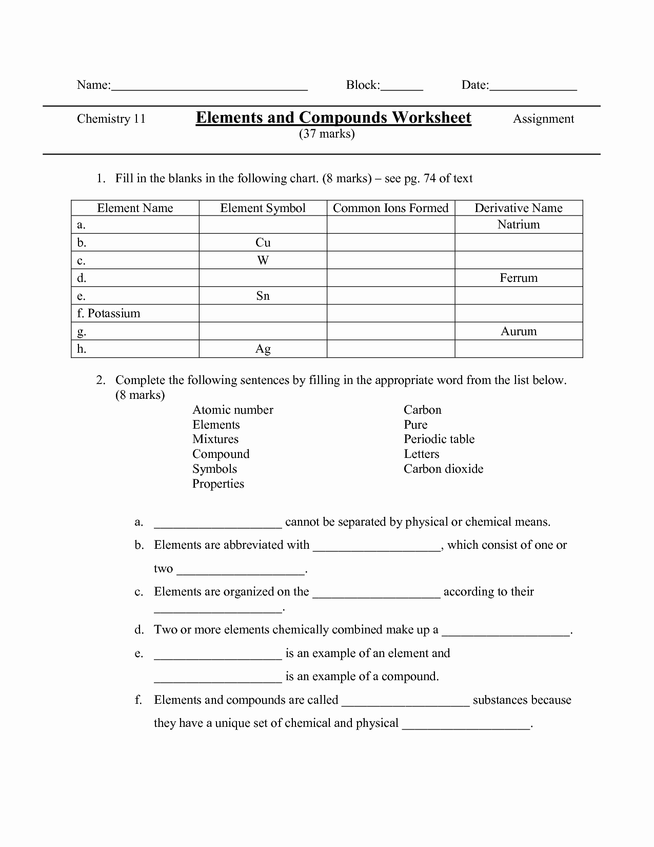Elements Compounds and Mixtures Worksheet Luxury 9 Best Of Chemistry Elements and Symbols Worksheets
