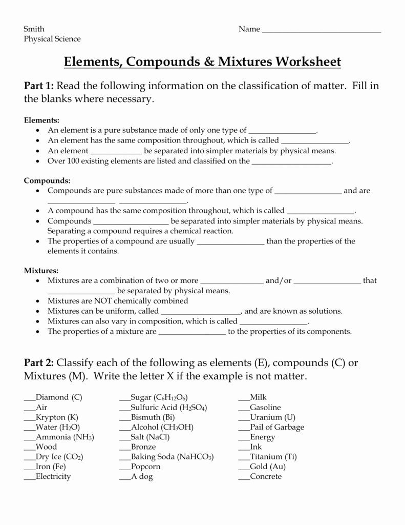 Elements Compounds Mixtures Worksheet Answers Elegant Elements Pounds and Mixtures Worksheet Answer Key Part