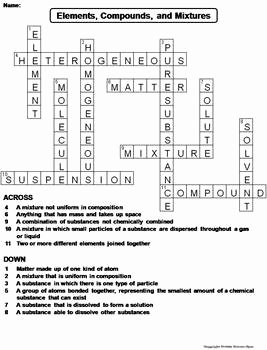 Elements Compounds Mixtures Worksheet Answers Inspirational Elements Pounds and Mixtures Worksheet Crossword