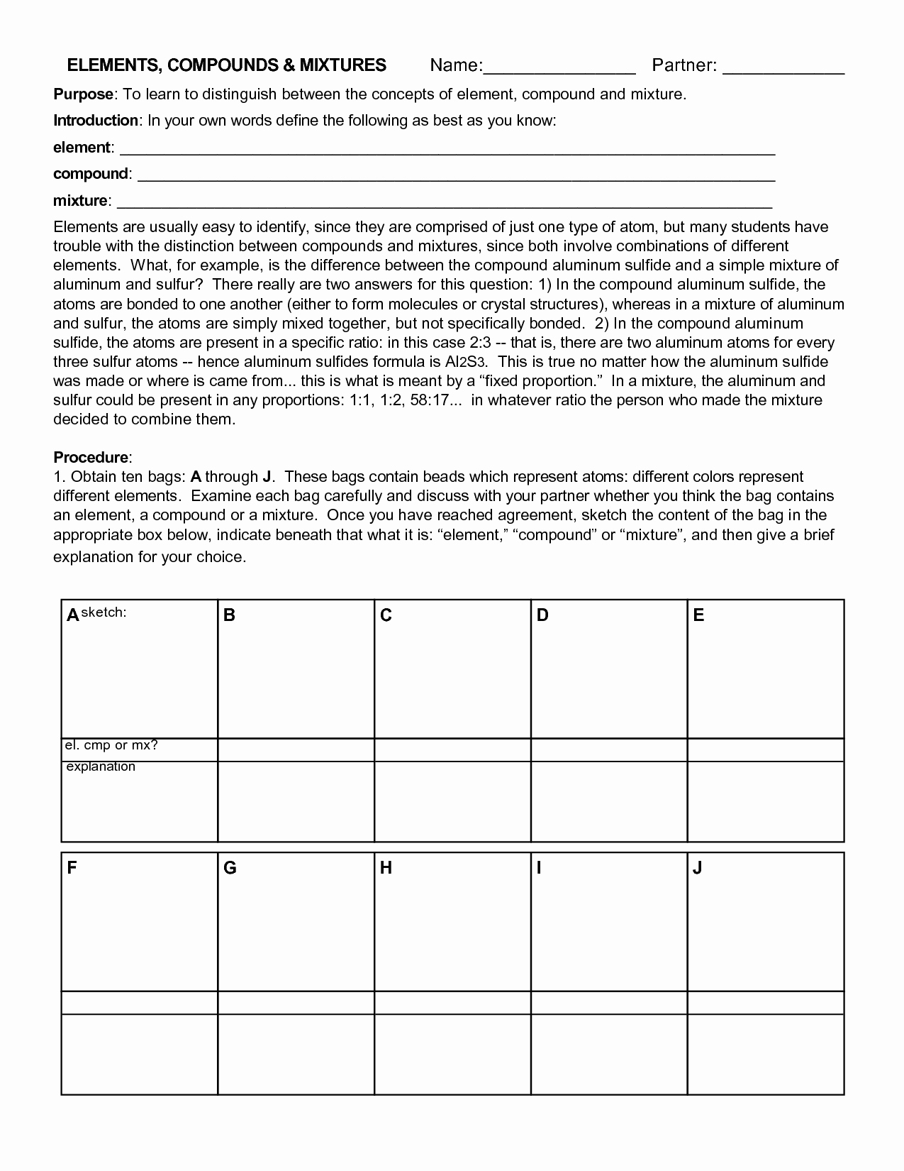 50 Elements Compounds Mixtures Worksheet Answers