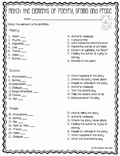 Elements Of Drama Worksheet Best Of Rl4 5 Poem Prose Drama Reading Objectives