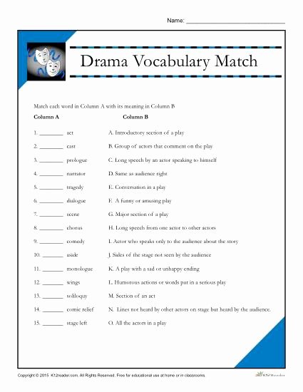 Elements Of Drama Worksheet Elegant Drama Vocabulary Match Worksheet