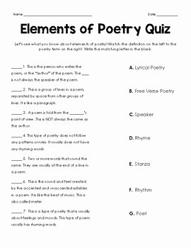 Elements Of Poetry Worksheet Beautiful Elements Of Poetry Quiz by No Frills Fourth