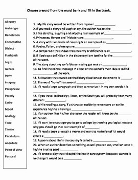 Elements Of Poetry Worksheet Beautiful Literary Terms List and Worksheet Activity