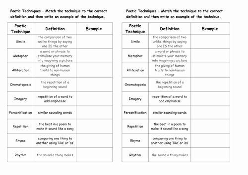 Elements Of Poetry Worksheet Best Of Poetic Techniques Mix and Match by Sherish Teaching