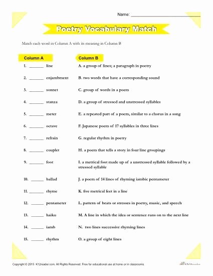 Elements Of Poetry Worksheet Fresh Poetry Vocabulary Match K12