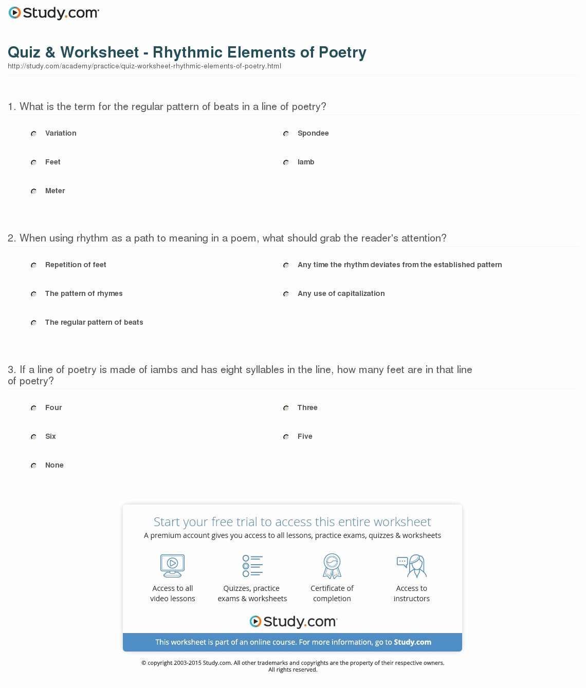 Elements Of Poetry Worksheet Inspirational Quiz &amp; Worksheet Rhythmic Elements Of Poetry