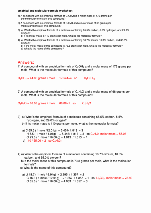Empirical and Molecular formulas Worksheet Best Of Empirical and Molecular formula Worksheet Printable Pdf
