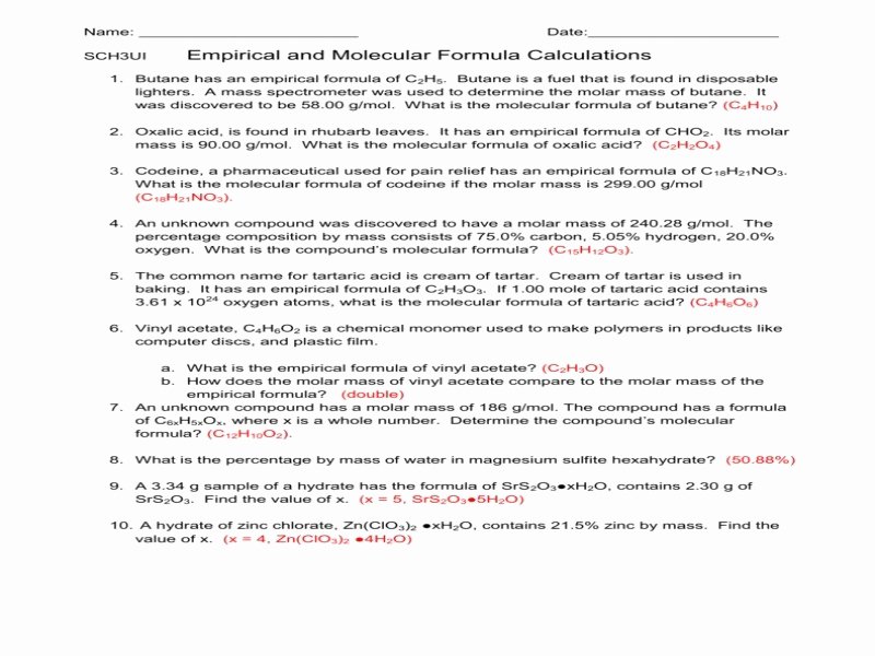 Empirical and Molecular formulas Worksheet Luxury Empirical and Molecular formula Worksheet Free Printable