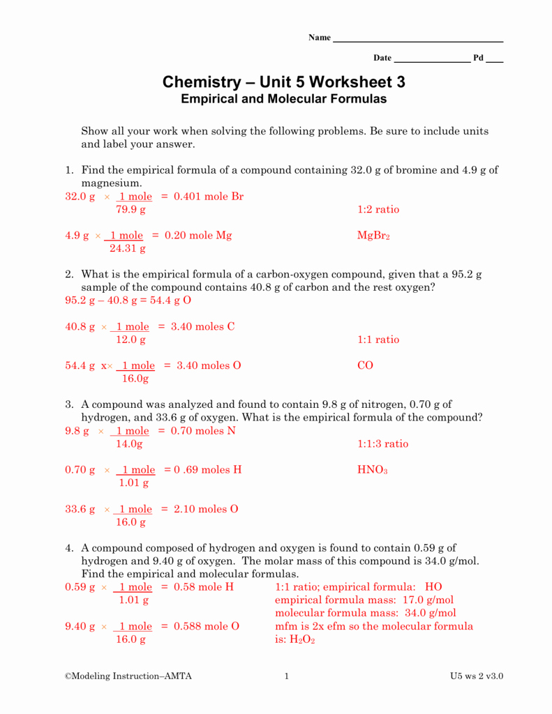 Empirical and Molecular formulas Worksheet Unique Empirical and Molecular formulas