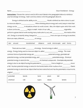 Energy Transformation Worksheet Answer Key Fresh Free Middle School Science Cloze Worksheet forms Of