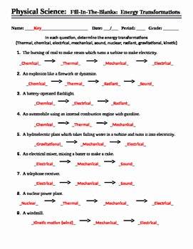 Energy Transformation Worksheet Answer Key Luxury Energy Transformations Worksheet Fill In the Blank by