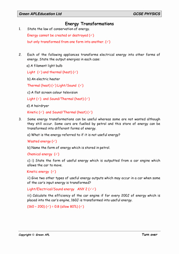 Energy Transformation Worksheet Answers Awesome Physics Energy Transformations by Greenapl
