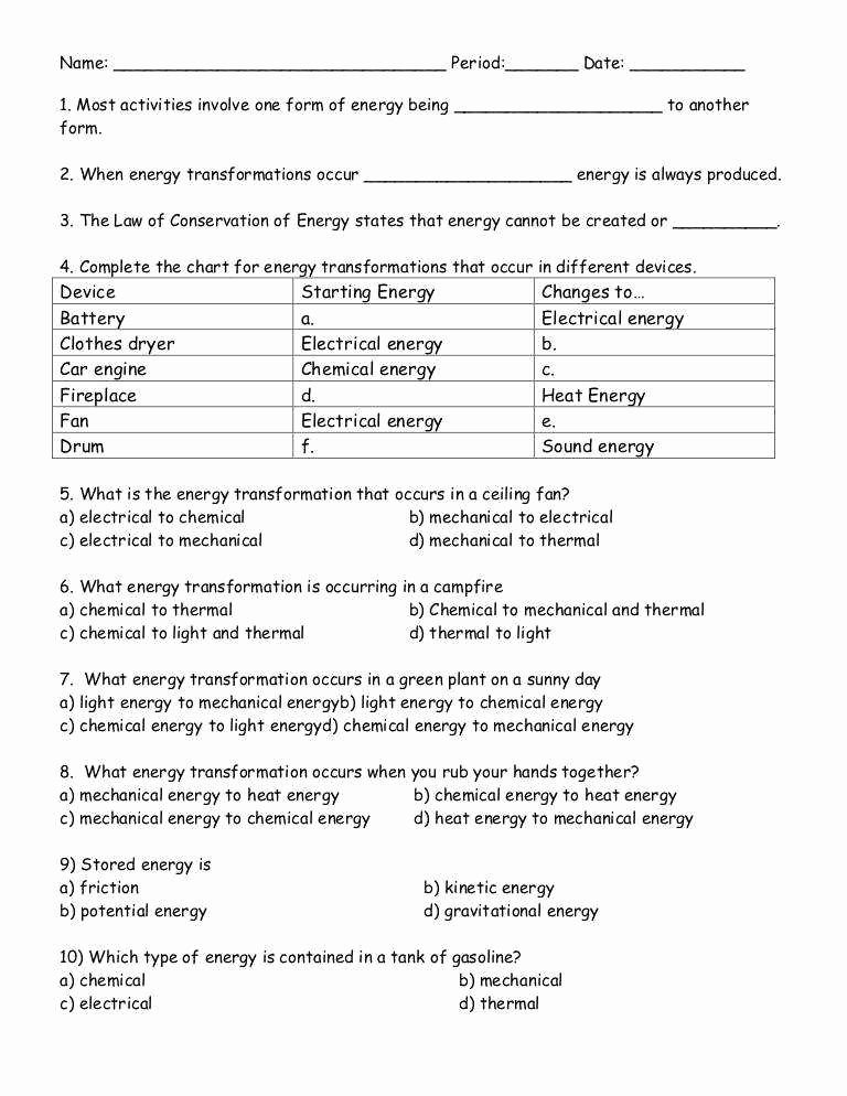 Energy Transformation Worksheet Answers Fresh Energy Transformation Worksheet Answers