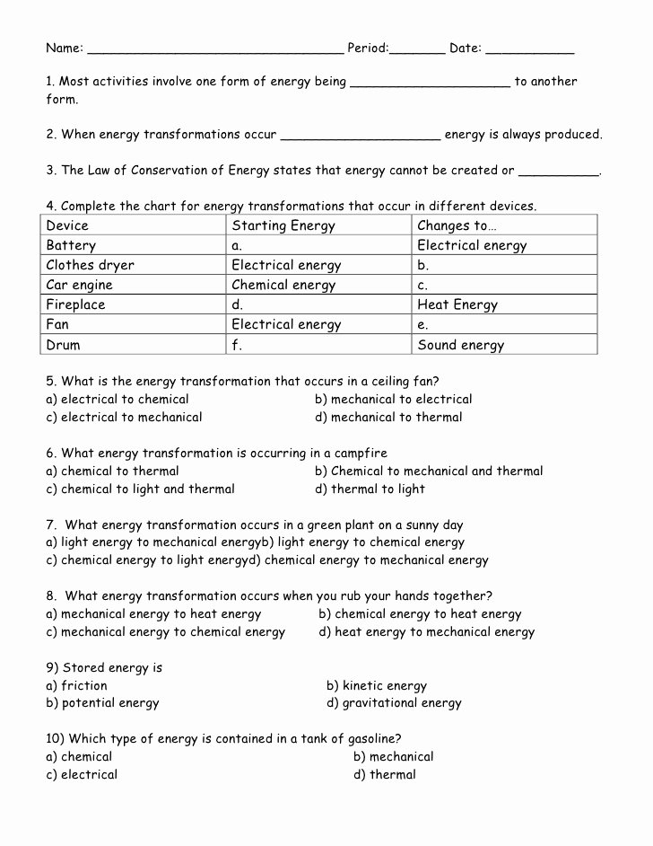 Energy Transformation Worksheet Answers Inspirational 12 Best Of 6th Grade Energy Transformation