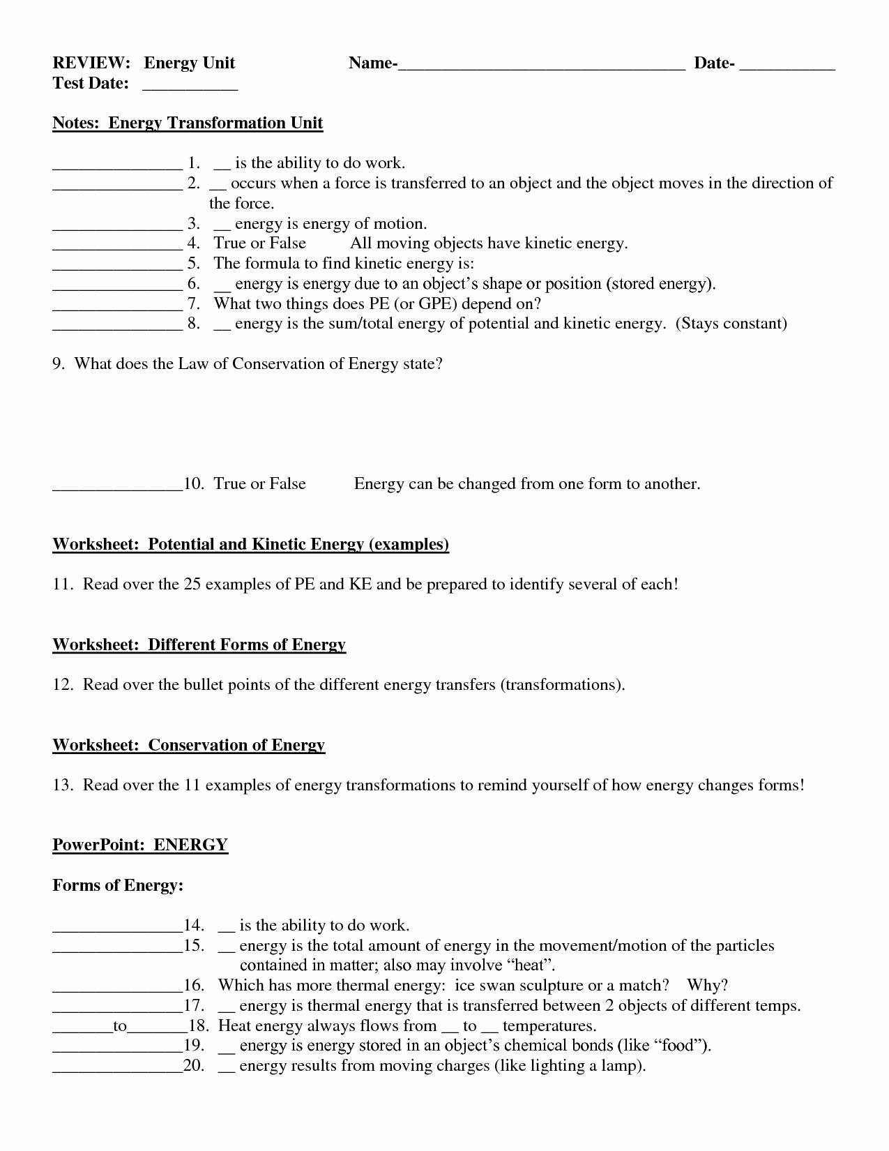 Energy Transformation Worksheet Answers Lovely 16 Best Of Energy Conversions Worksheet forms Of