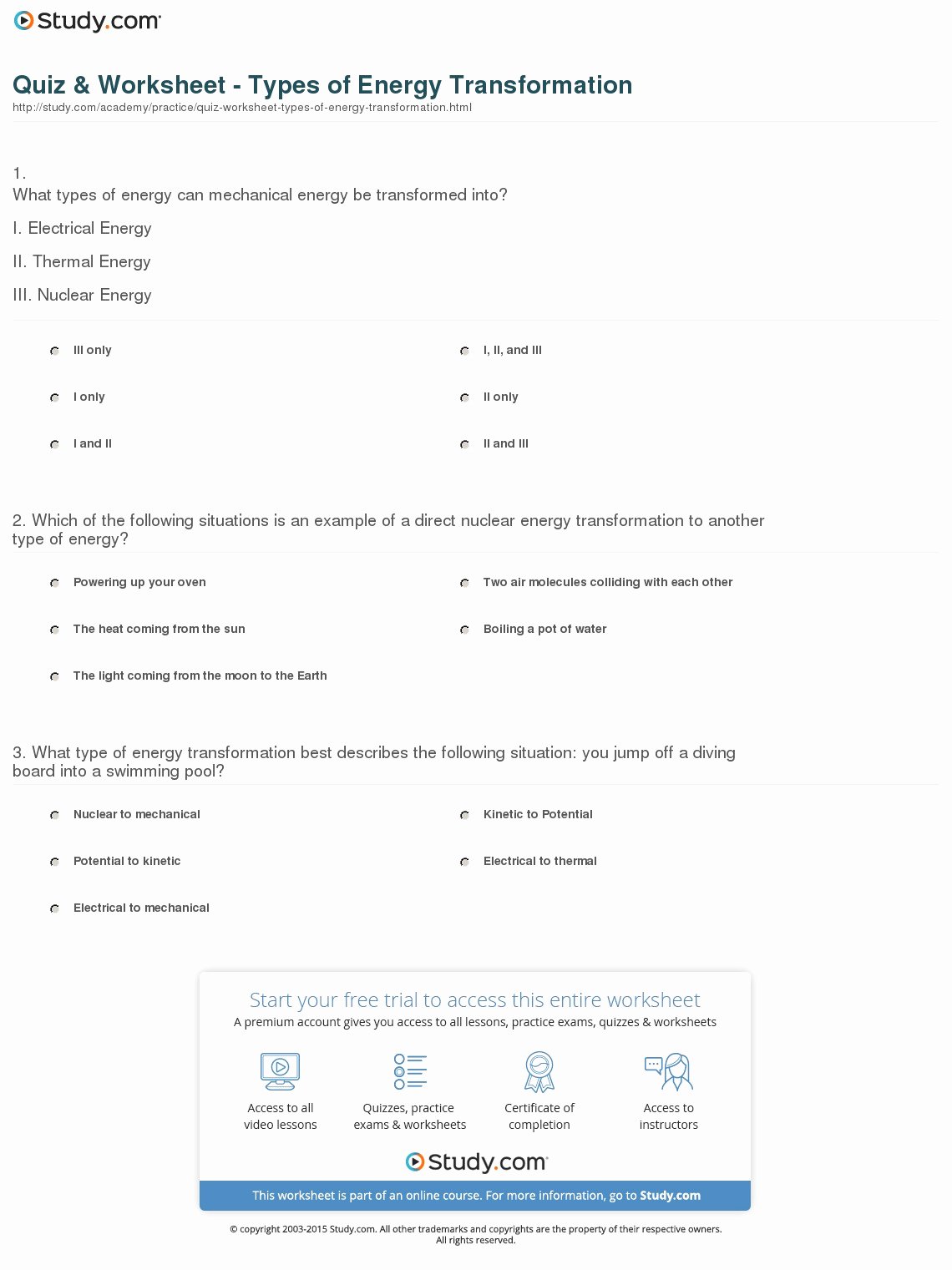 Energy Transformation Worksheet Answers New Quiz &amp; Worksheet Types Of Energy Transformation