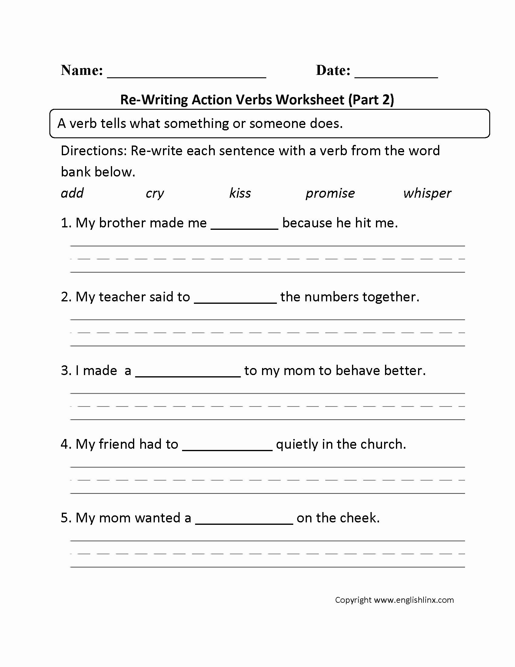 English Worksheet for Grade 2 Best Of Re Writing Action Verbs Worksheet Part 2 S