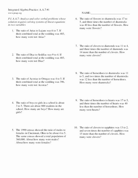 Equation Word Problems Worksheet Awesome Integrated Algebra Practice Systems Of Linear Equation