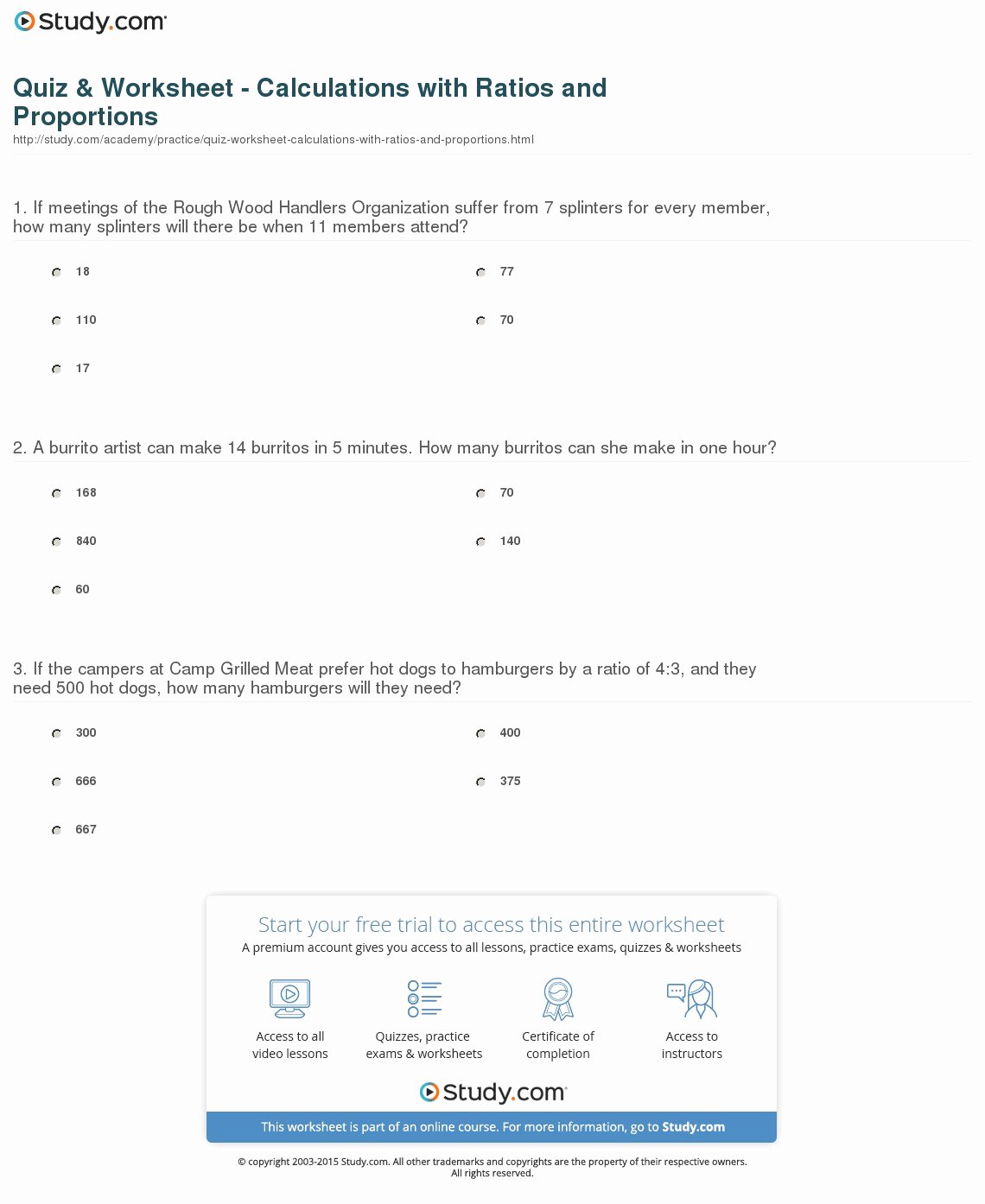 Equation Word Problems Worksheet Awesome Quiz &amp; Worksheet Calculations with Ratios and
