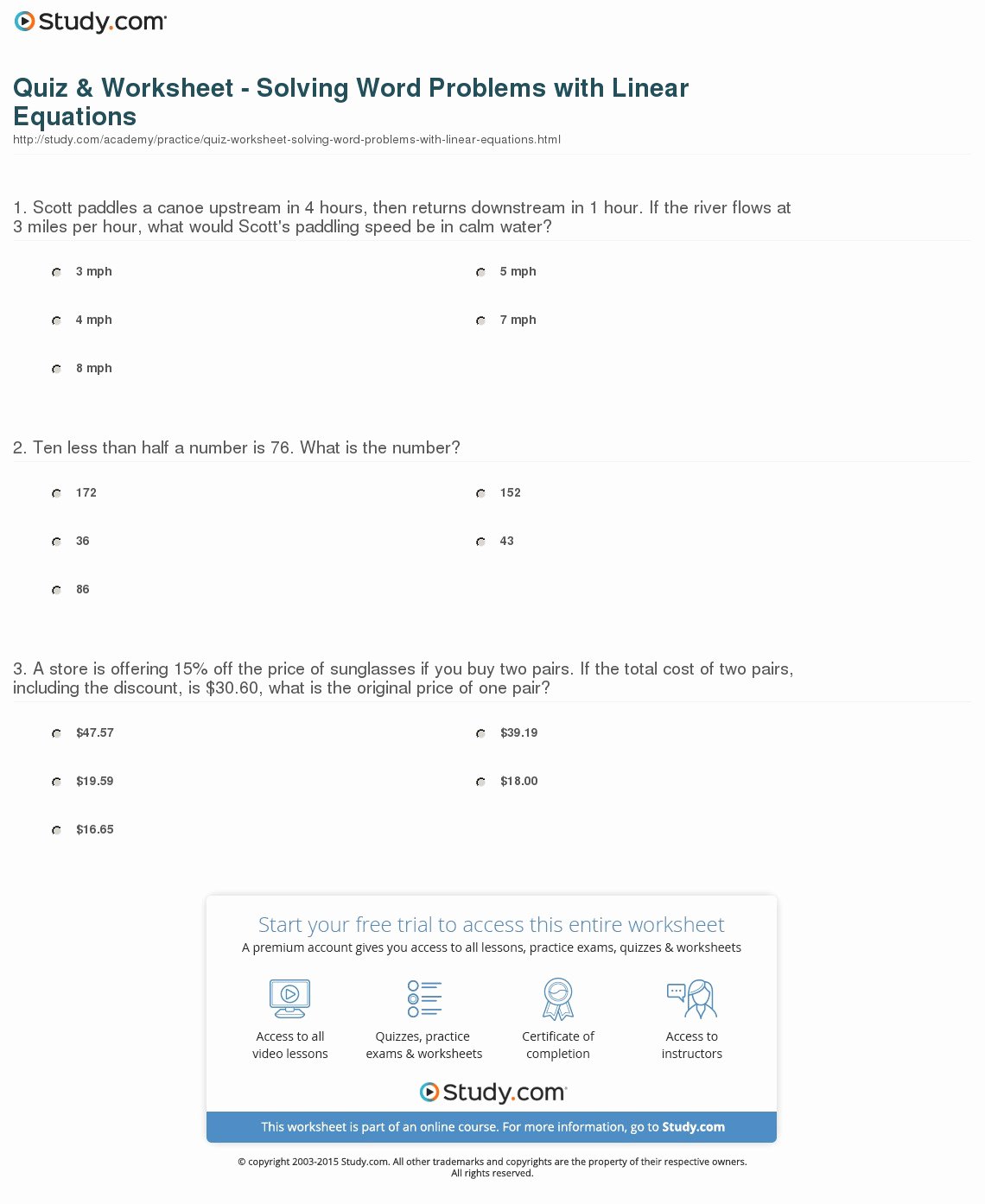 Equation Word Problems Worksheet Elegant Quiz &amp; Worksheet solving Word Problems with Linear