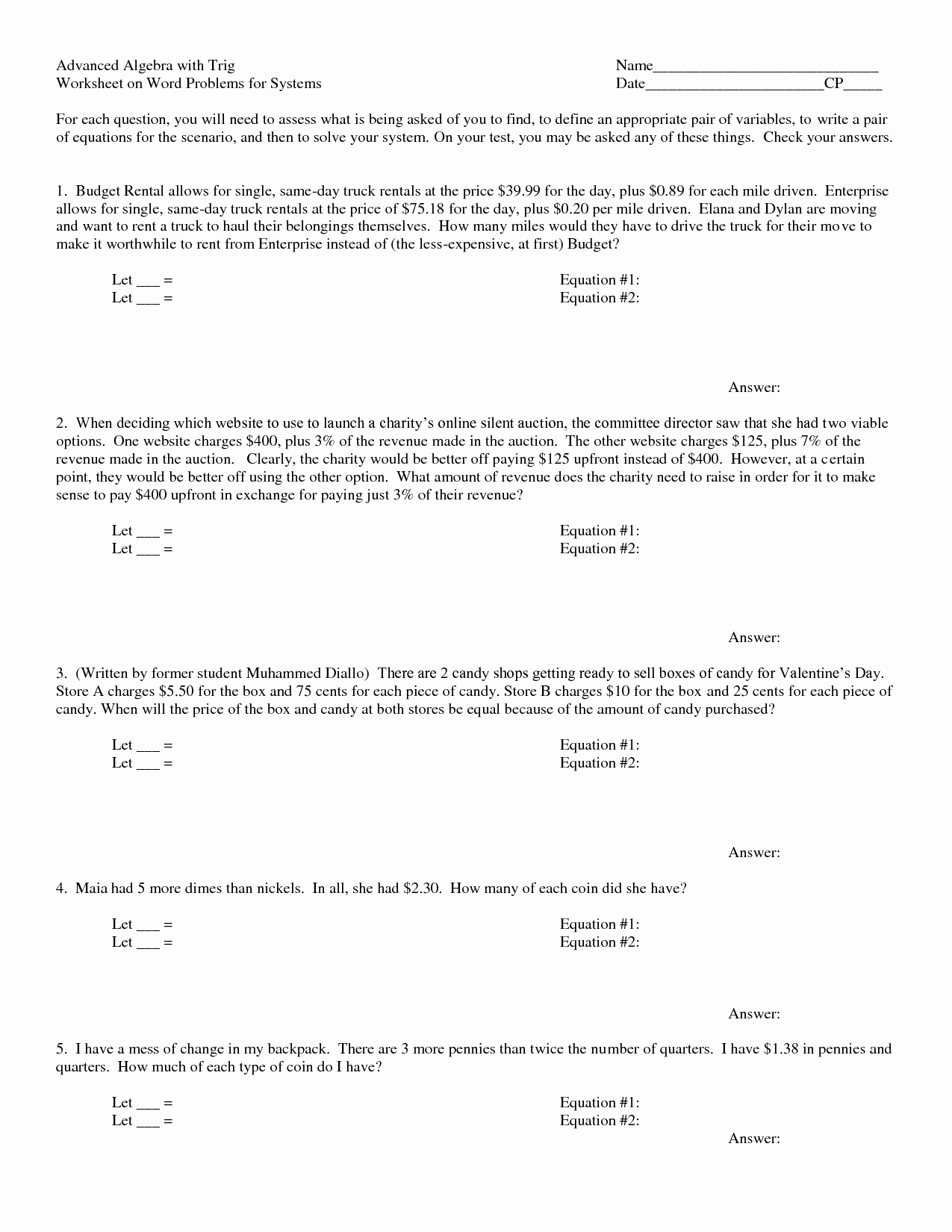 Equation Word Problems Worksheet Fresh Systems Equations Worksheet Word Problems Tessshebaylo