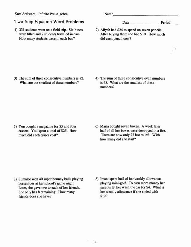 Equation Word Problems Worksheet Inspirational Two Step Equations Word Problems No Key