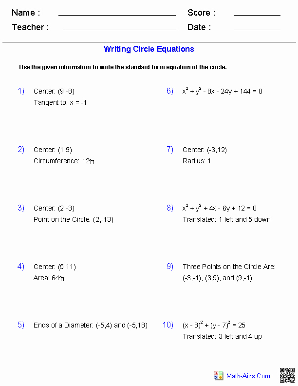 Equations Of Circles Worksheet Lovely Algebra 2 Worksheets