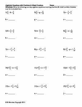 Equations with Fractions Worksheet Beautiful Algebraic Equations with Fractions and Mixed Numbers