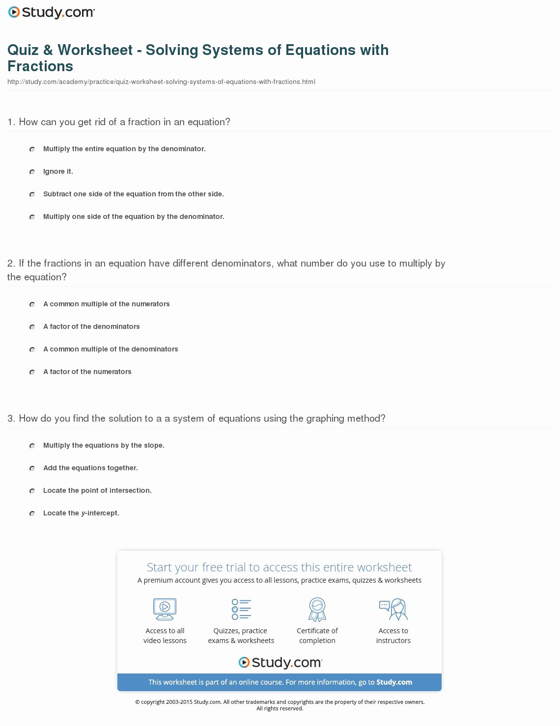 Equations with Fractions Worksheet Beautiful Quiz &amp; Worksheet solving Systems Of Equations with
