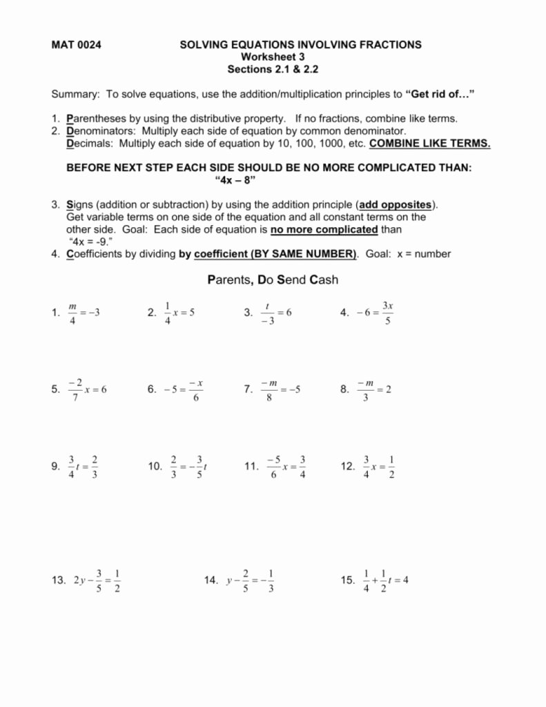 Equations with Fractions Worksheet Luxury Simple solving Equations Involving Fractions E Of